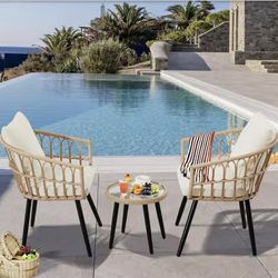 Affordable 3-Piece Wicker Outdoor Bistro Conversation furniture Set with Off-White Cushion and Round Glass Table