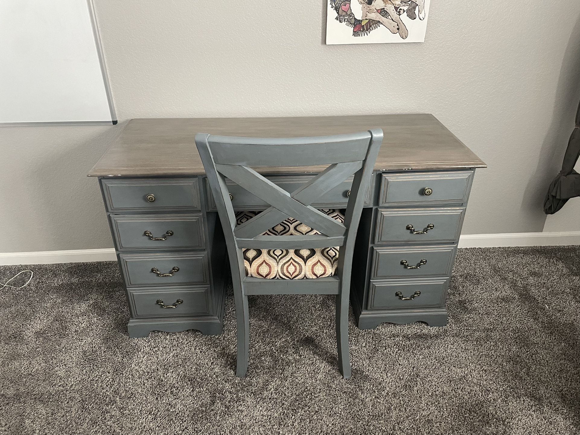 Antique Style Refurbished Wooden Blue Desk