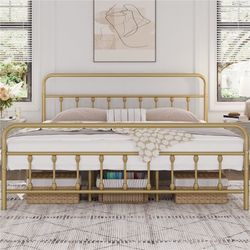 Classic Metal Platform Bed Frame Mattress Foundation with Victorian Style Iron-Art Headboard/Footboard/Under Bed Storage/No Box Spring Needed/King Siz