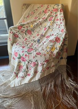 Rare Antique Piano Shawl Hand Embroidered Floral Fringe Shawl Vintage