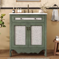 30inch Antique Pattern Bathroom Vanity with Rectangle Ceramic Sink Bathroom Vanity Cabinet with Tip Out Tray Flip Out Drawer Green Blue