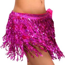 Hot Pink Belly Dance Hip Sequins Fringe Skirt