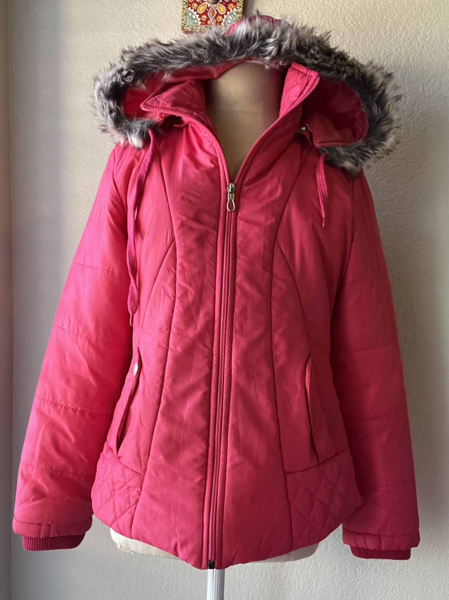 Women's Pink Parka Jacket M Fur Trim Hood (removable hood)