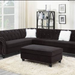 Black Sectional Sofa Velvet  Fabric  Material( Ottoman Sold Separately)