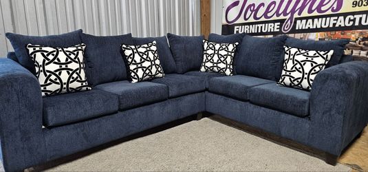 Navy Blue Fabric Sectional Sofa with Accent Pillows