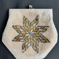 Vintage Beaded Evening Purse Bag White/Gold Handmade Star Pattern with Chain