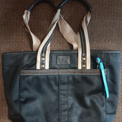 COACH Black And Teal Purse With Brown Handles