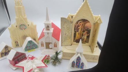 5 Piece Regency Alpine Village Cottages Chalets Cathedral Church Set Vintage