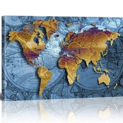 Artistic World Map Canvas Print - Vibrant Golden & Blue Design 35x24in