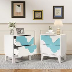 White and Teal 2-Drawer Nightstand Set of 2