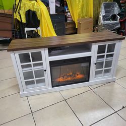 MARNUR Fireplace TV Stand for TVs up to 65", Media Entertainment Center Console Table with Glass Door, Farmhouse, White