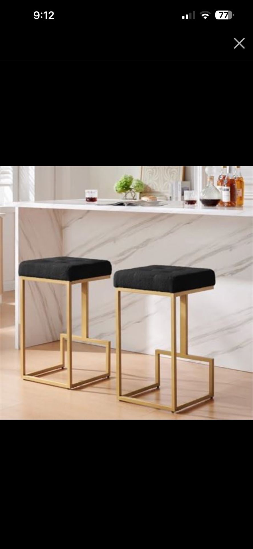 24KF Contemporary Set of 2 Counter Stool for Kitchen Island, 26" H BlackTeddy Fabric Padded Gold Barstool Bar Chair,5067-Teddy Black