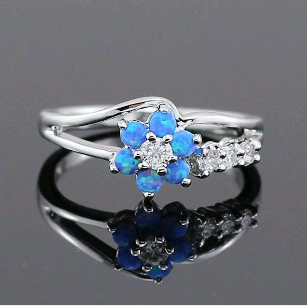 925 Sterling Silver Blue Opal Stone Flower Ring ~~Check my other items~~