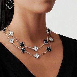 VCA Vintage Alhambra Clover 20 Motifs Diamond Onyx 18K White Gold-Plated Necklace