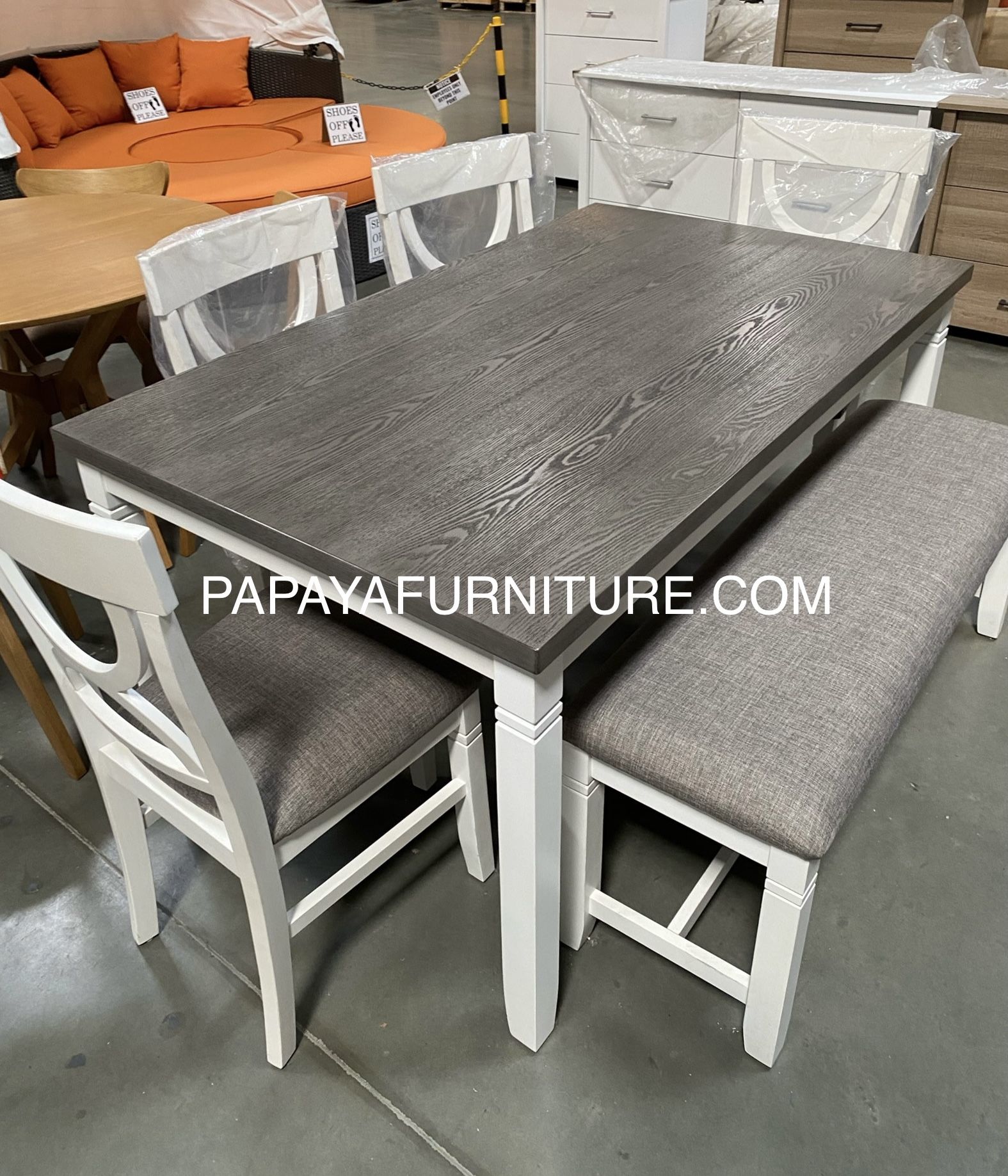 New! 6pcs White Rustic Dining Set, Dinette Set, Kitchen Table And Chairs, Table, Chairs, Bench, Casual Dining Set, Rectangular Dining Table, Dining Ro