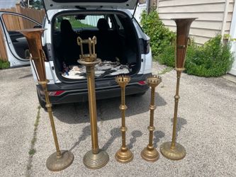 Antique brass church candle holder set