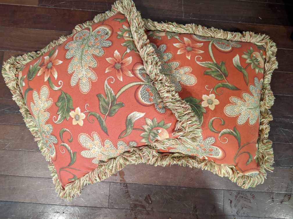 Two matching fringed Outdoor or indoor throw pillows