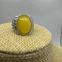 Men’s Yellow Domed Agate Style Setting Ring / Detailed Stainless Metal Sz 6