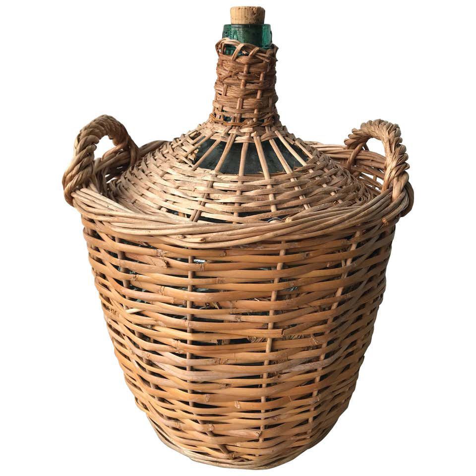 Vintage Mid Century French Wicker Demijohn Bottle Basket Decor