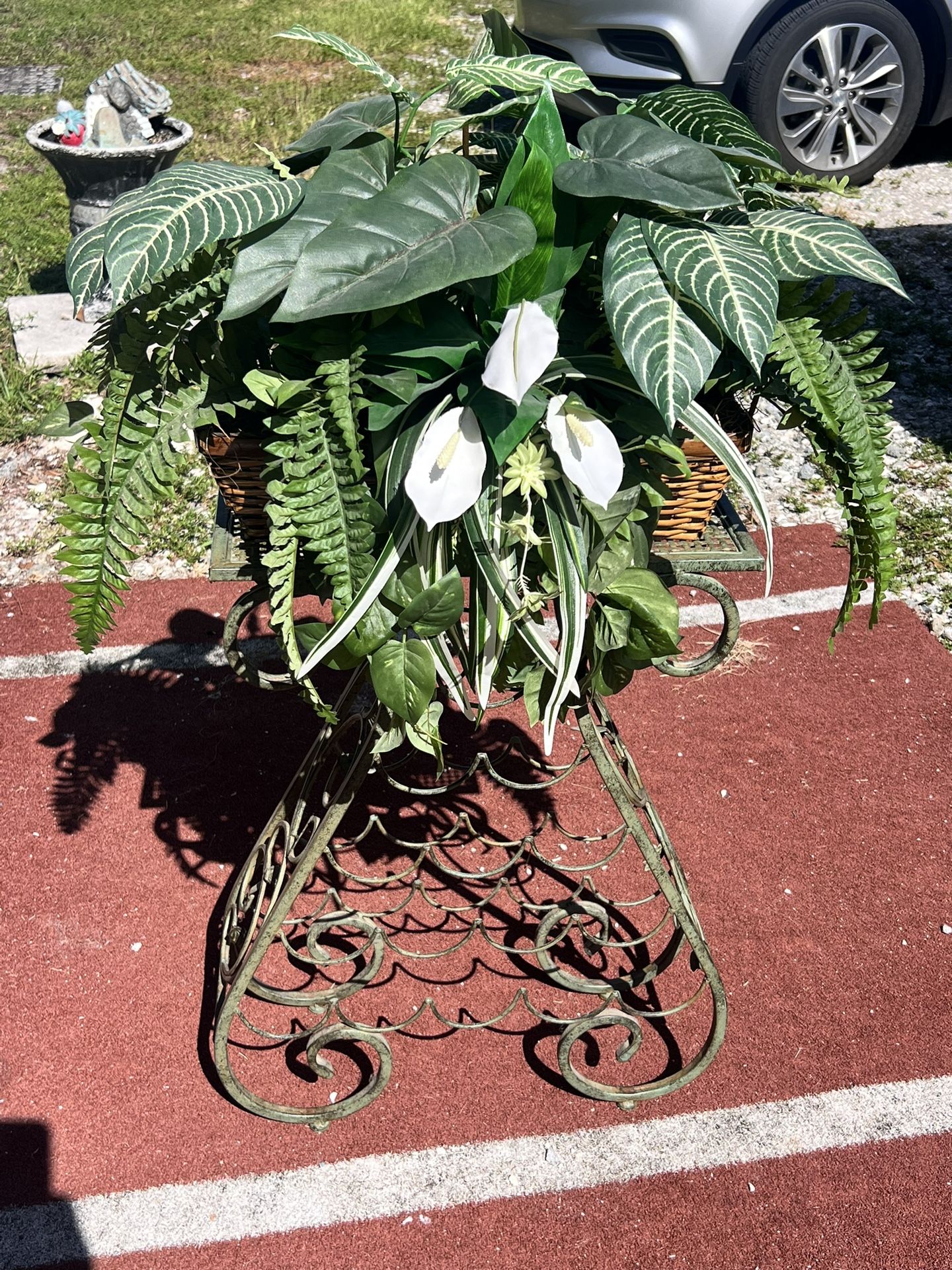 Vintage Metal Plant Stand/ Wine Rack With Artificial Plant