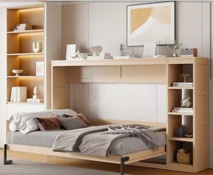 Beds Shop Nestfair Natural Brown Wood Frame Full Murphy Bed with Bookshelf