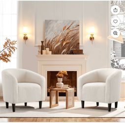 2pcs Upholstered Armchair Club Chair Accent Barrel Chair, Ivory