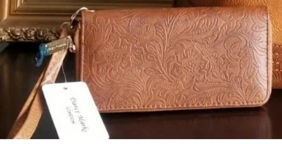 Darcy Marks London Brown Floral Zip Wallet Western Faux Leather