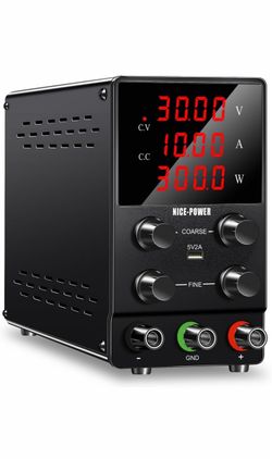NICE-POWER DC Power Supply Variable: 30V 10A Adjustable Switching Regulated High Precision 4-Digits LED Display 5V/2A USB Port Test Lead Output & Inpu