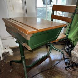 Antique School Desk with Storage – Original Green Finish – Vintage Charm