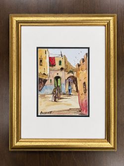 Framed Signed Watercolor Street Scene – Gold Frame