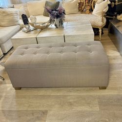 Large Tufted Storage Bench In Taupe With Padded Seating