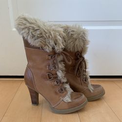 BOOTS - Brown, Fur, Lace-up; 3” heel