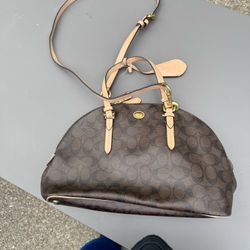 Coach  Signature Petyon Cora Brown Coated Canvas Domed Satchel Bag w/Strap