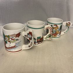 Vintage Holiday Winter Mugs Lot of 3 Snowman Teddy Bear Train Candy Cane Handle