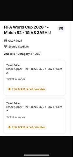 ⚽ 2x World Cup Knockout Tickets (Round of 32) - Seattle Jul 1, Sec 325