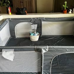 XL grey baby playpen. Used 70”L x 60” W x 23” H