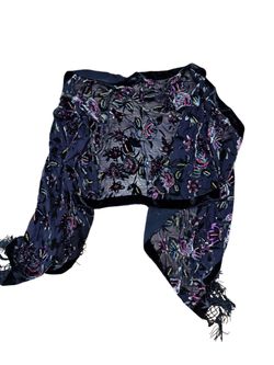 Vintage Black Floral Embroidered beaded velvet fringe Sheer Wrap Scarf