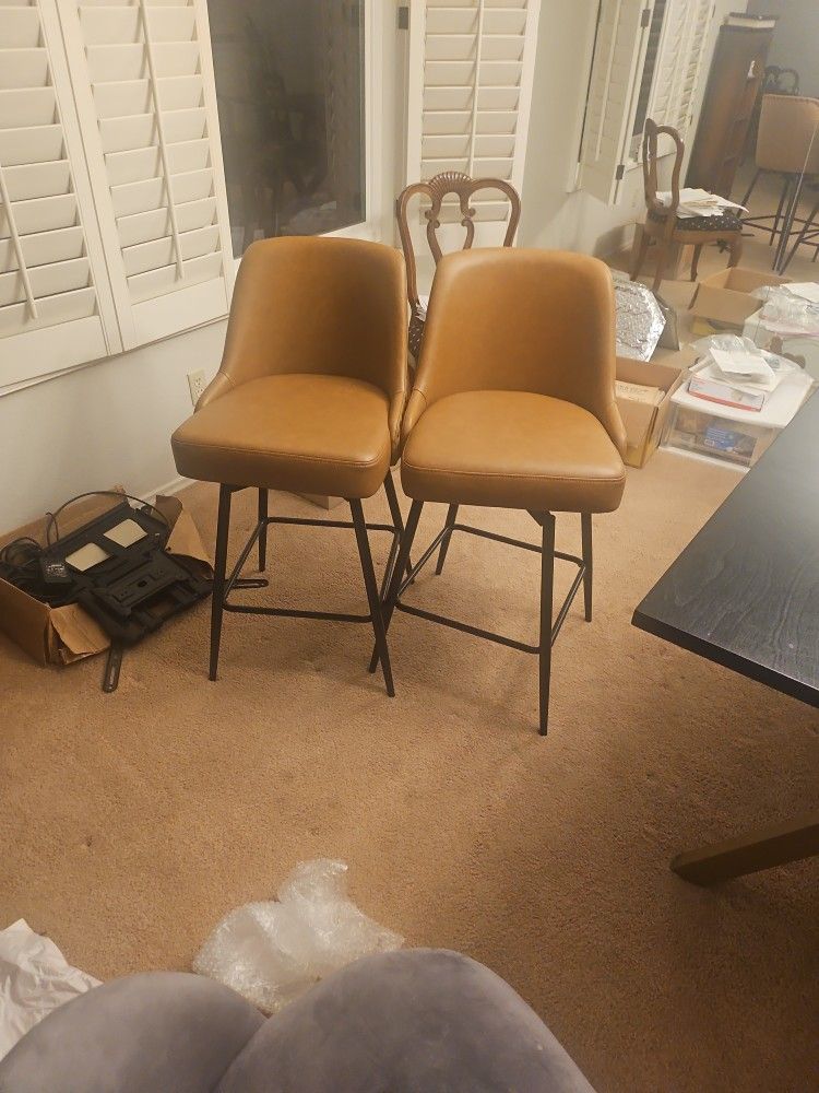 Two Leather Tan Bar Stool Counter Stools