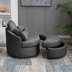 Swivel Chair Sofa with Half Moon Storage Ottoman, Swivel Barrel Couch With Futon Pillows, Sylish Lounge Couch Bed, Dark Grey