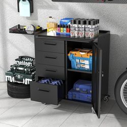 Metal Storage Cabinet with Wheels, Garage Storage Cabinet with 1 Door and 4 Drawer, Rolling Tool Cabinet, Assembly Required, Black