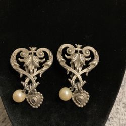 Vintage/antique ….Solid Pewter Clip On Earrings With Dangling Fresh Water Pearl and Heart