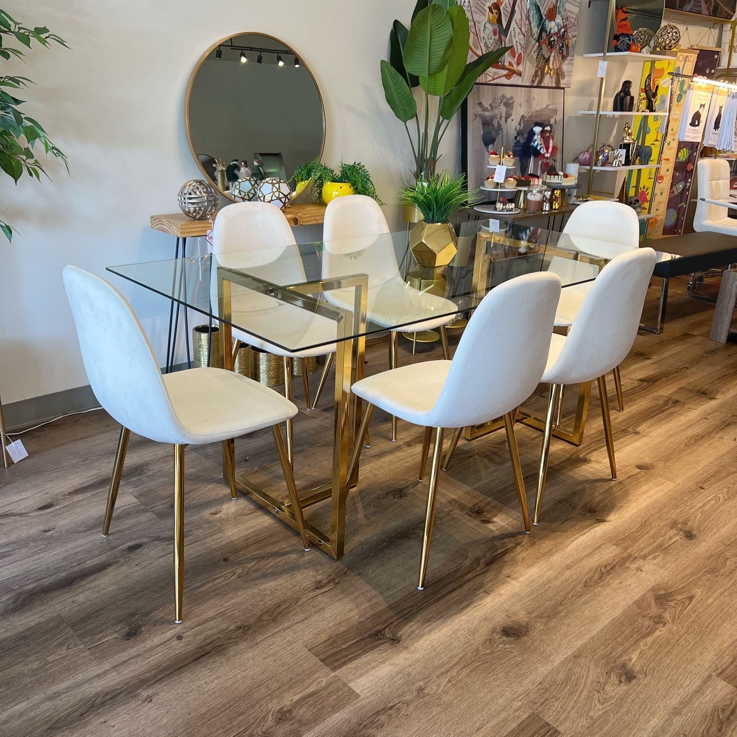 Big Glass Gold Dining Table And 6 Velvet Chairs