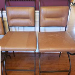 Set of 2 Camel Leather Kitchen Counter Chairs