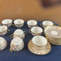 Porcelain Bouillon Cups And Under Plates 1920s