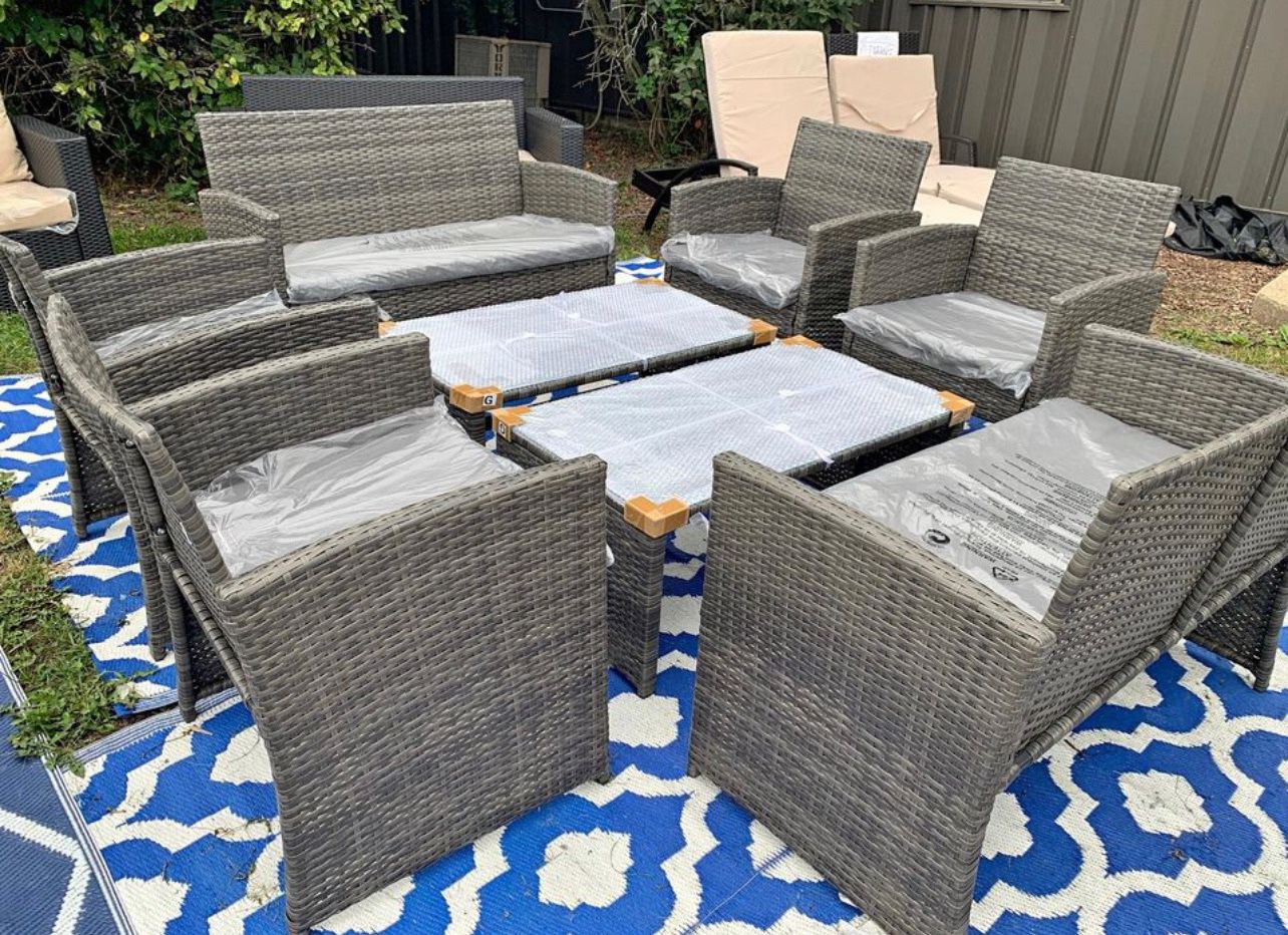 8 Piece Wicker Patio Furniture Set 4 Chairs, 2 Loveseats, 2 Tables, Gray Cushions 