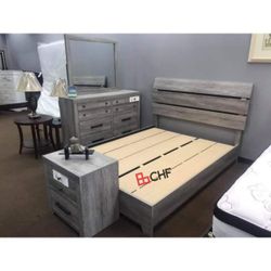 4 Pc wooden Queen or king bedroom set (includes bed frame , dresser with mirror and one nightstand )