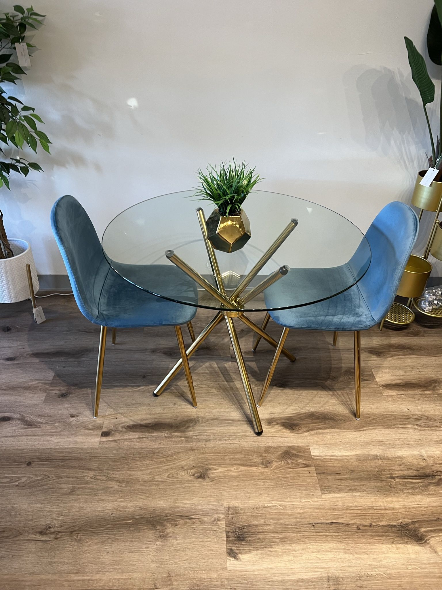Blue Gold Velvet Modern Glass Dining Set