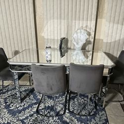 Glass Mirror Table And 4 Suede Gray Chairs Dining Room Kitchen Set 