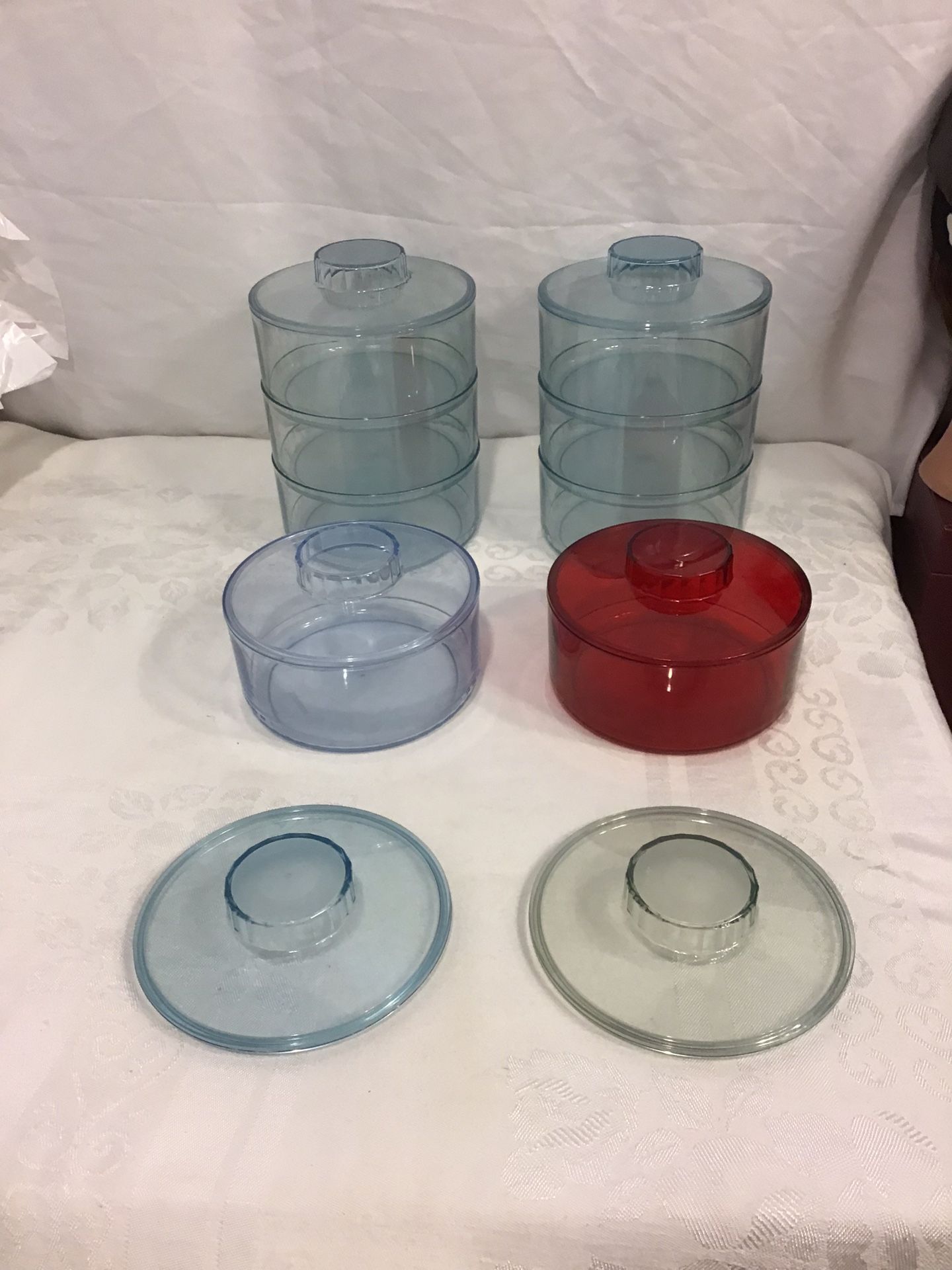 New! Vintage Tupperware Acrylic Preludio 8 Stackable Bowls Clear Blue, Green, Ruby Red