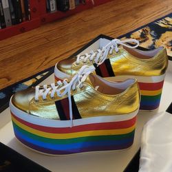 Authentic! GUCCI Rainbow Gold PEGGY Platform Shoes! 